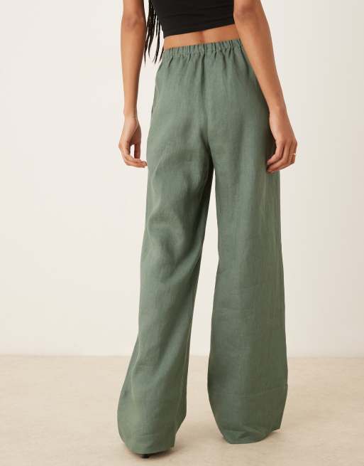 Mango linen slouchy tie waist pants in sage green - part of