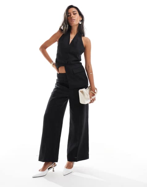 Mango linen tailored co-ord trousers in black - view 1