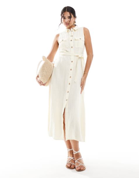 Mango linen tie front midi dress in light beige - view 1