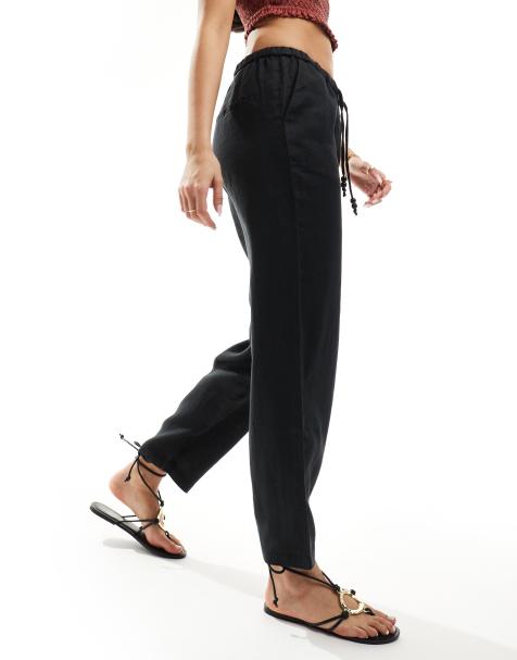 Mango linen tie waist trousers in black