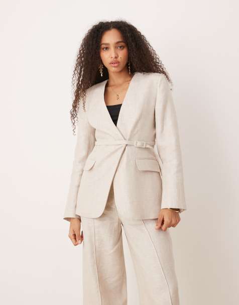 Mango linen v-neck blazer with cinch waist belt detail in oatmeal - part of a set - view 1
