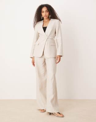 Mango Linen V-neck Blazer With Cinch Waist Belt Detail