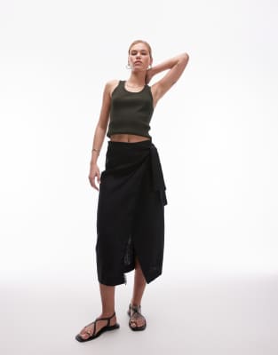 Mango Linen Wrap Skirt In Black