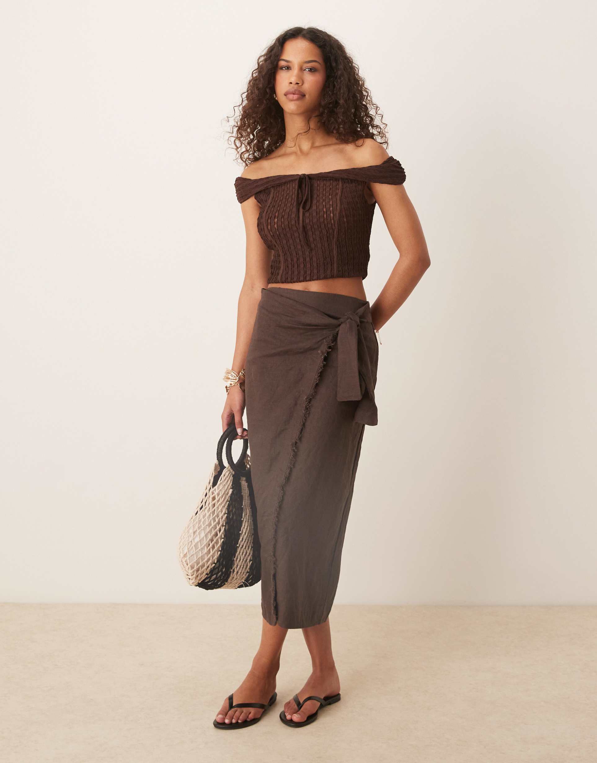 mango linen wrap skirt to dark brown