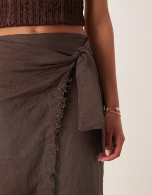 Mango Side Tie Linen Wrap Skirt In Brown