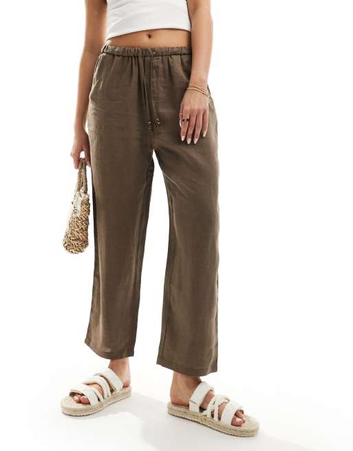 Mango - Linnen broek met gestrikte taille in bruin
