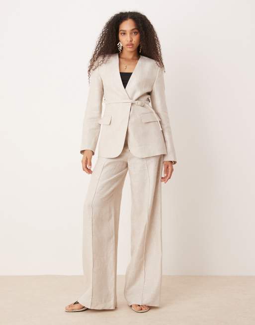 Mango - Linnen broek met rechte pijpen en halfhoge taille in lichtbeige, deel van co-ord set, 2 van 5