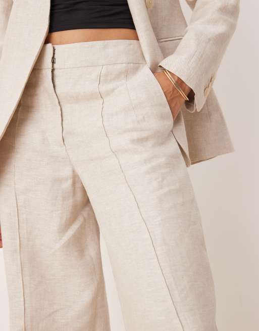 Mango - Linnen broek met rechte pijpen en halfhoge taille in lichtbeige, deel van co-ord set, 3 van 5