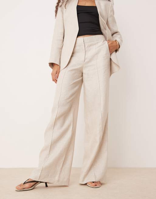 Mango - Linnen broek met rechte pijpen en halfhoge taille in lichtbeige, deel van co-ord set, 4 van 5