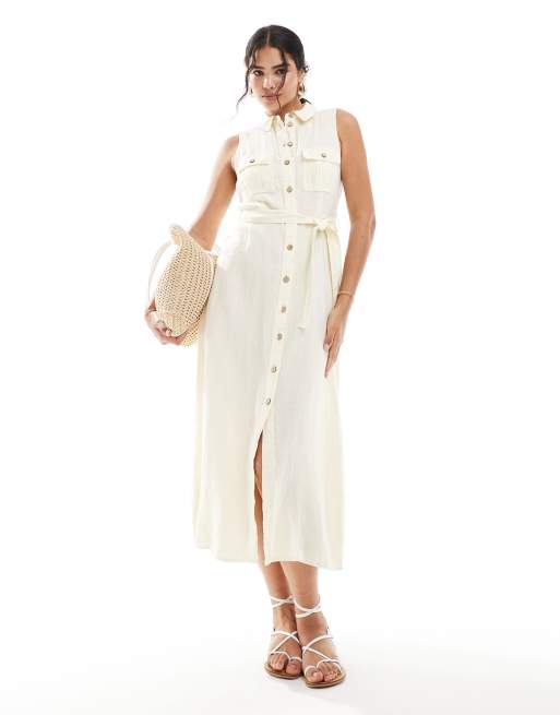 Mango - Linnen midi jurk met gestrikte voorkant in lichtbeige