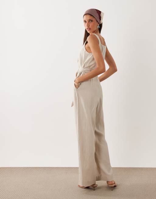 Mango - Linnenrijke jumpsuit met gestrikte taille in beige, 2 van 4