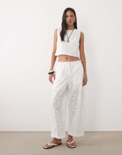 Mango Lisboa 100% cotton sleeveless textured top & pants set in white - view 1
