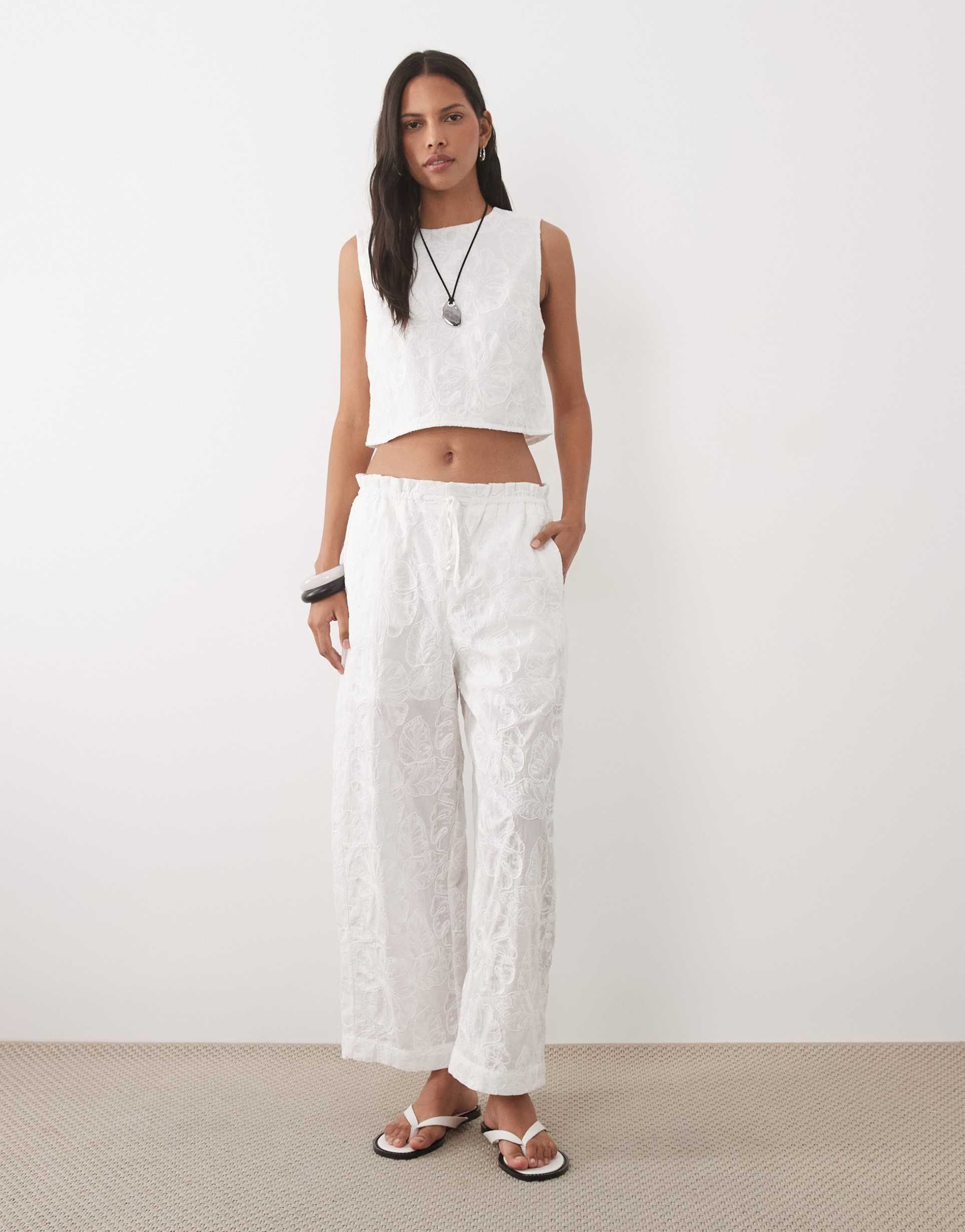 mango lisboa 100% cotton textured straight pants in white - part of a set