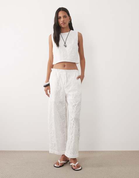 Mango Lisboa 100% cotton textured straight trouser co-ord in white - view 1