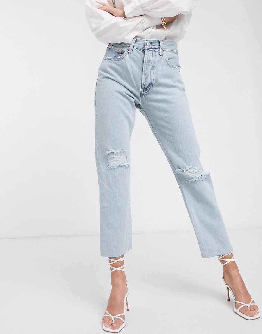 Mango – Ljusblå jeans med raka ben och revor på knäna
