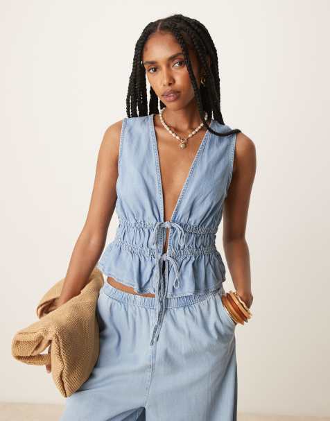 Mango – Ljusblå, mjuk jeanstopp med knytband framtill, del av set - view 1