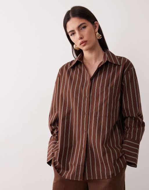 Mango - Llama - Camicia oversize color cioccolato a righe in coordinato