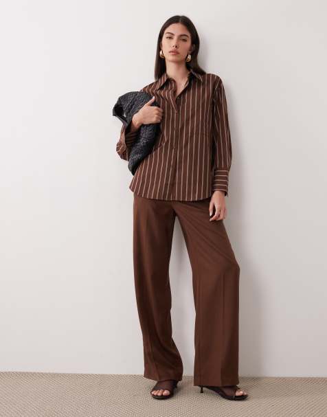 Mango - Llama - Co-ord set van oversized gestreept overhemd en broek in chocoladebruin - view 1