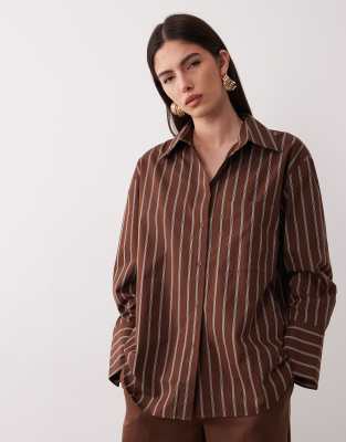 Mango - Llama - Gestreifte Oversize-Hemdbluse in Schokobraun, Kombiteil-Brown