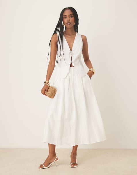 Mango linen elasticated maxi skirt in white
