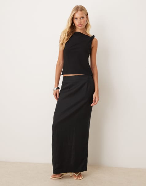 Mango linen straight maxi skirt in black