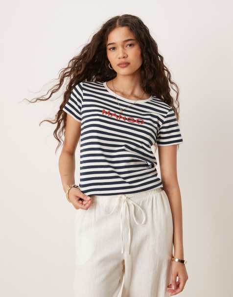 Mango logo t-shirt in navy stripe - view 1