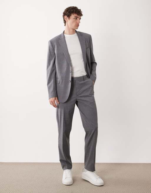 Mango London – Szary zestaw garniturowy w drobną kratkę, o regularnym kroju: marynarka i spodnie, 2 z 3