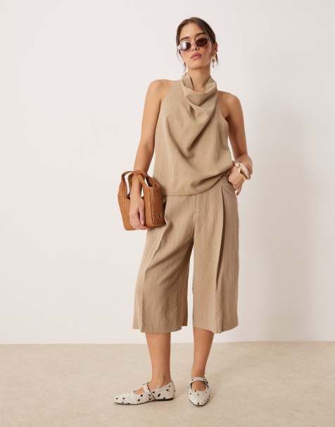 Mango long line loose fit pleat front shorts and draped halter neck blouse co-ord in beige - view 1