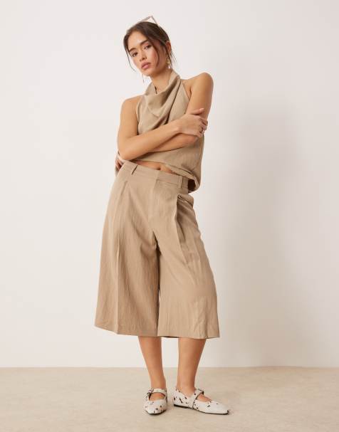 Mango long line loose fit pleat front shorts co-ord in beige - view 1