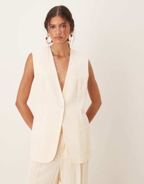 Mango long line v-neck light weight waistcoat co-ord in buttermilk - view 1
