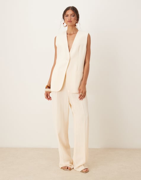 Mango long line v-neck light weight waistcoat & trouser co-ord in buttermilk - YELLOW - view 1