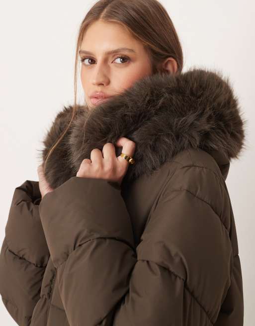 Mango long padded puffer jacket in brown with fur trim hood ASOS