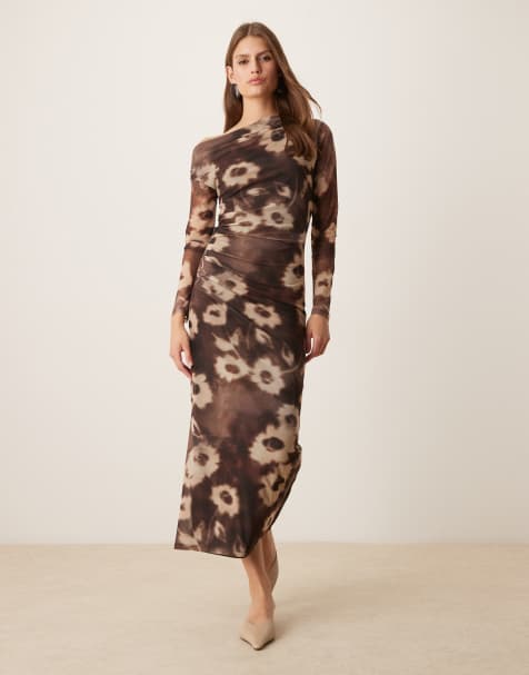 Mango long sleeve asymmetric midi dress in blurred floral print - view 1