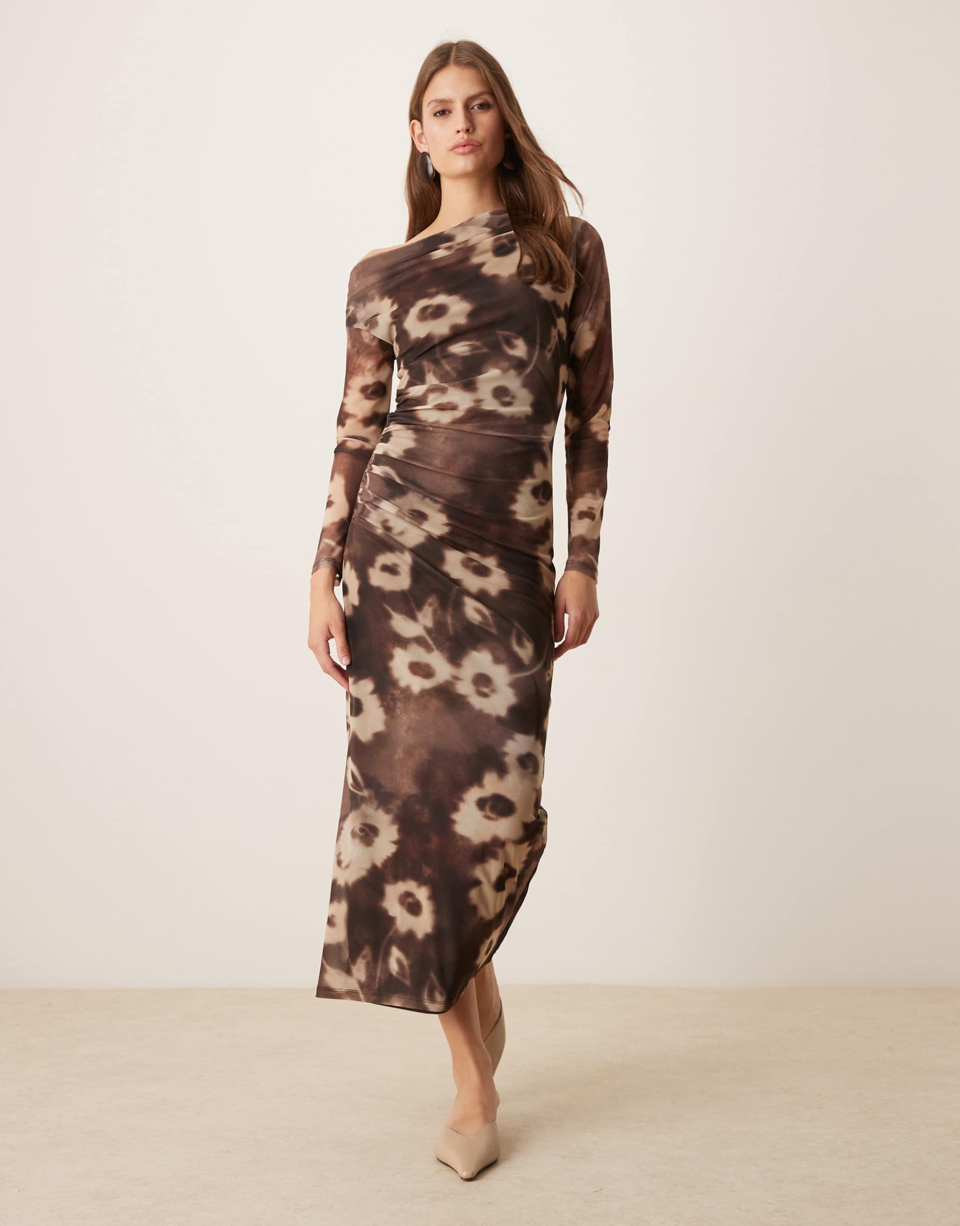 mango long sleeve asymmetric midi dress in blurred floral print