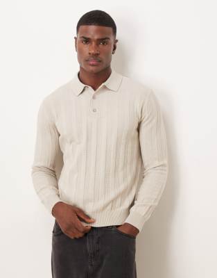 Mango Long Sleeve Cable Knit Polo Shirt In Neutral