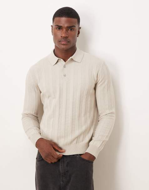Mango long sleeve cable knit polo shirt in light beige
