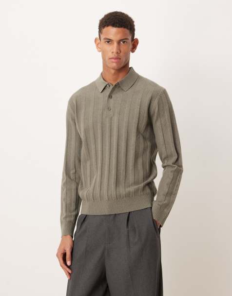 Mango long sleeve cable knit polo shirt in light green