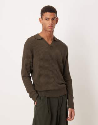 Mango Long Sleeve Camp Collar Polo Shirt In Brown