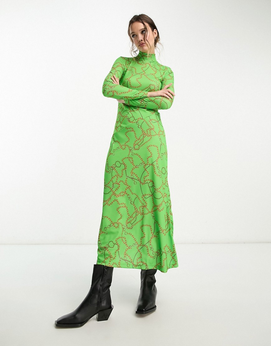 Mango long sleeve chain print midi dress in green