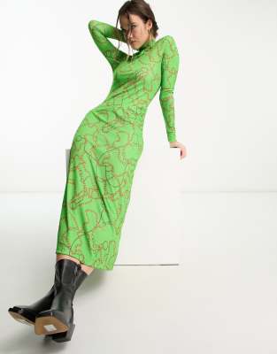 Shop Mango Long Sleeve Chain Print Midi Dress
