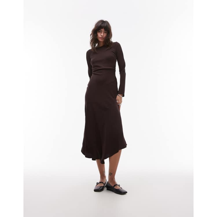 Mango long sleeve cinched waist maxi dress in brown | ASOS