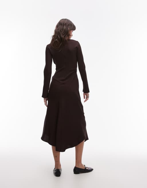 Mango long sleeve cinched waist maxi dress in brown | ASOS