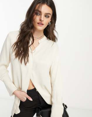 Mango long sleeve collarless shirt in cream-White