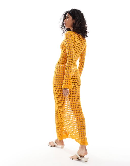 Mango long sleeve crochet maxi dress in orange | ASOS