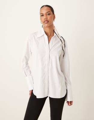 Mango Long Sleeve Curved Hem Shirt In White