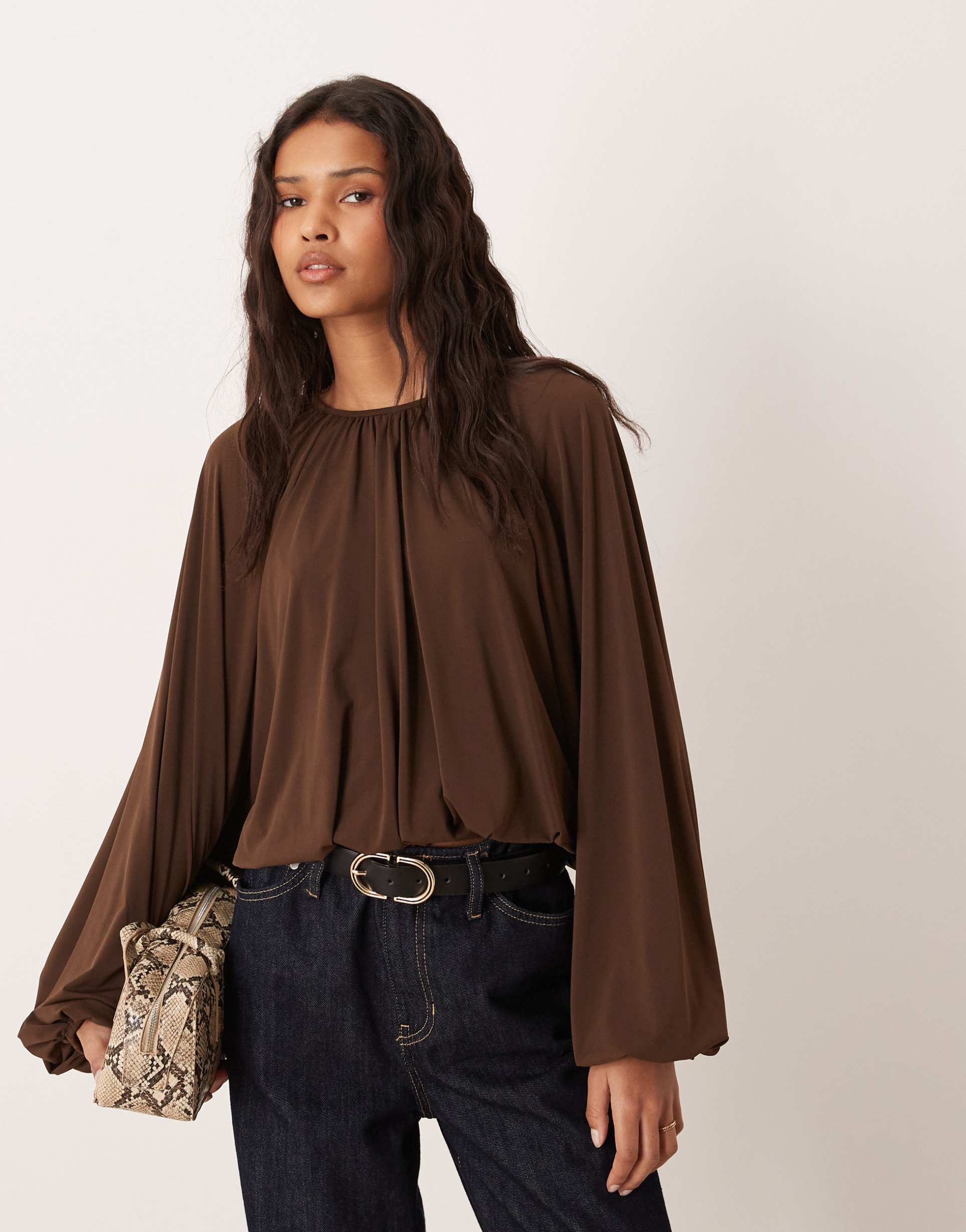 mango long sleeve drape detail blouse in brown