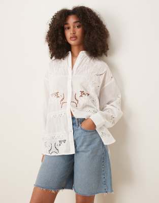 long sleeve embroidered cut out detailed shirt in white