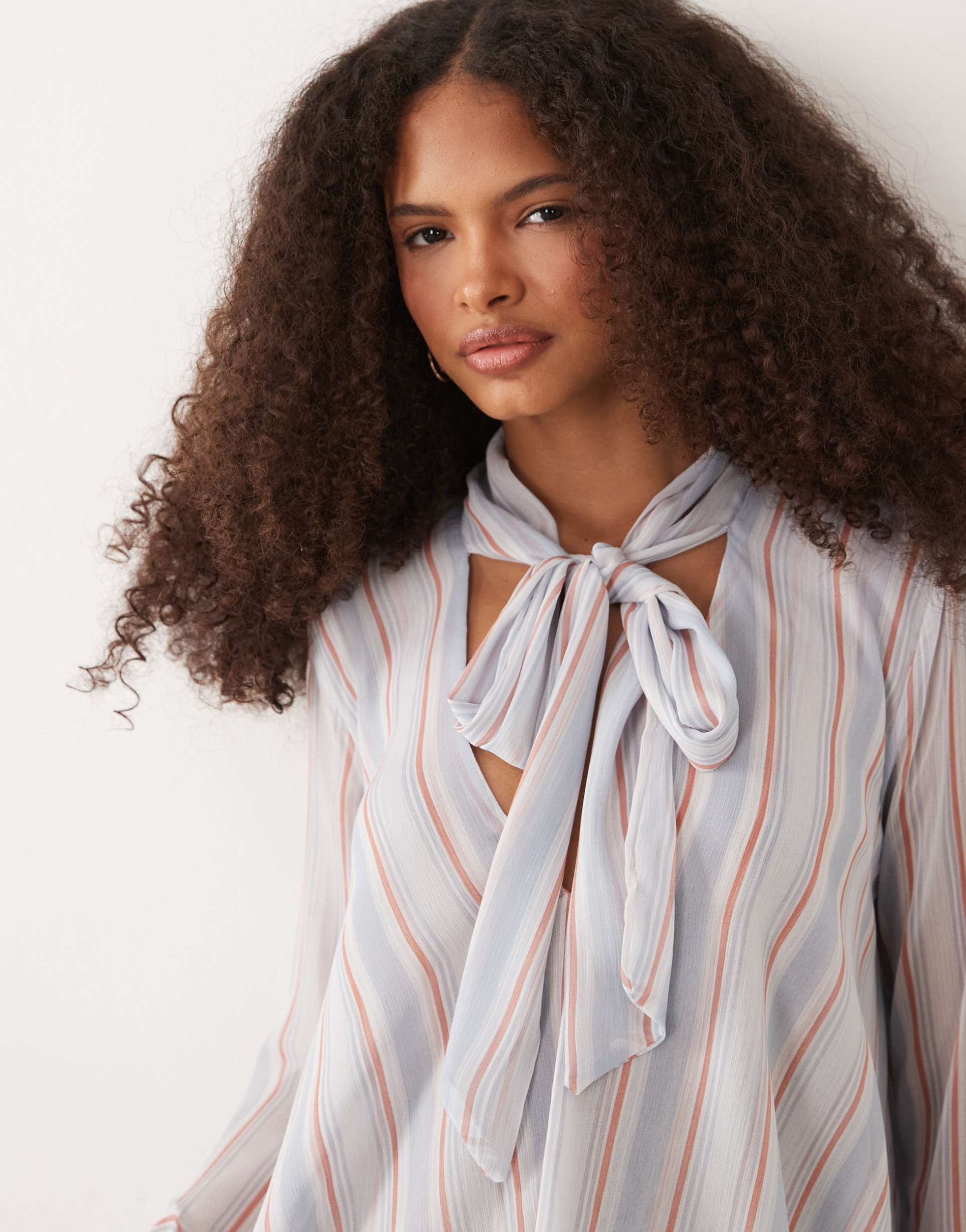 mango long sleeve flowy blouse in blue and pink stripe