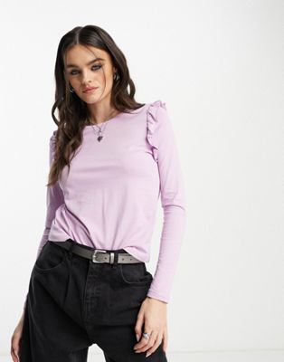 Mango long sleeve frill shoulder t-shirt in lilac