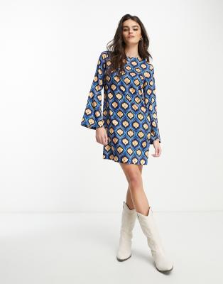 Mango Long Sleeve Geometric Printed Mini Dress In Blue